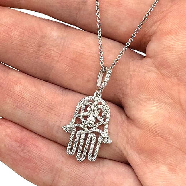 0.52CTW Natural Diamond 14K White Gold Hamsa Pendant Necklace 16" - WJD Exclusives