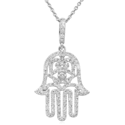 0.52CTW Natural Diamond 14K White Gold Hamsa Pendant Necklace 16" - WJD Exclusives