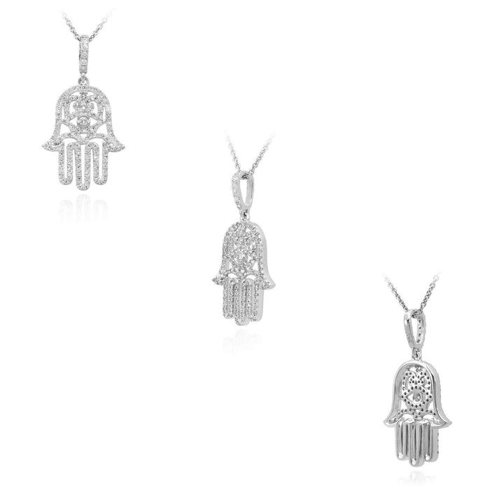 0.52CTW Natural Diamond 14K White Gold Hamsa Pendant Necklace 16" - WJD Exclusives