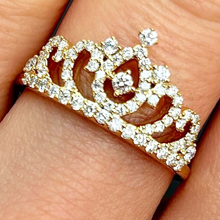 0.50CTW Natural Diamond 14K Yellow Gold White Rose Crown Tiara Cocktail Ring - WJD Exclusives