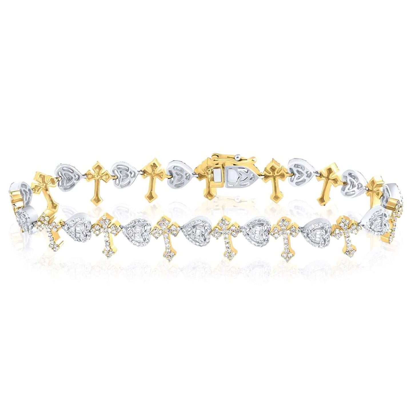 3.00CTW Real Diamond 10K Real Gold Yellow Rose Heart Cross Tennis Bracelet 8"