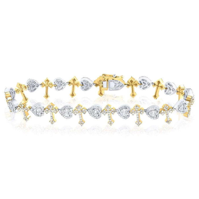 3.00CTW Natural Diamond 10K Yellow Rose Gold Heart Cross Tennis Bracelet 8" - WJD Exclusives
