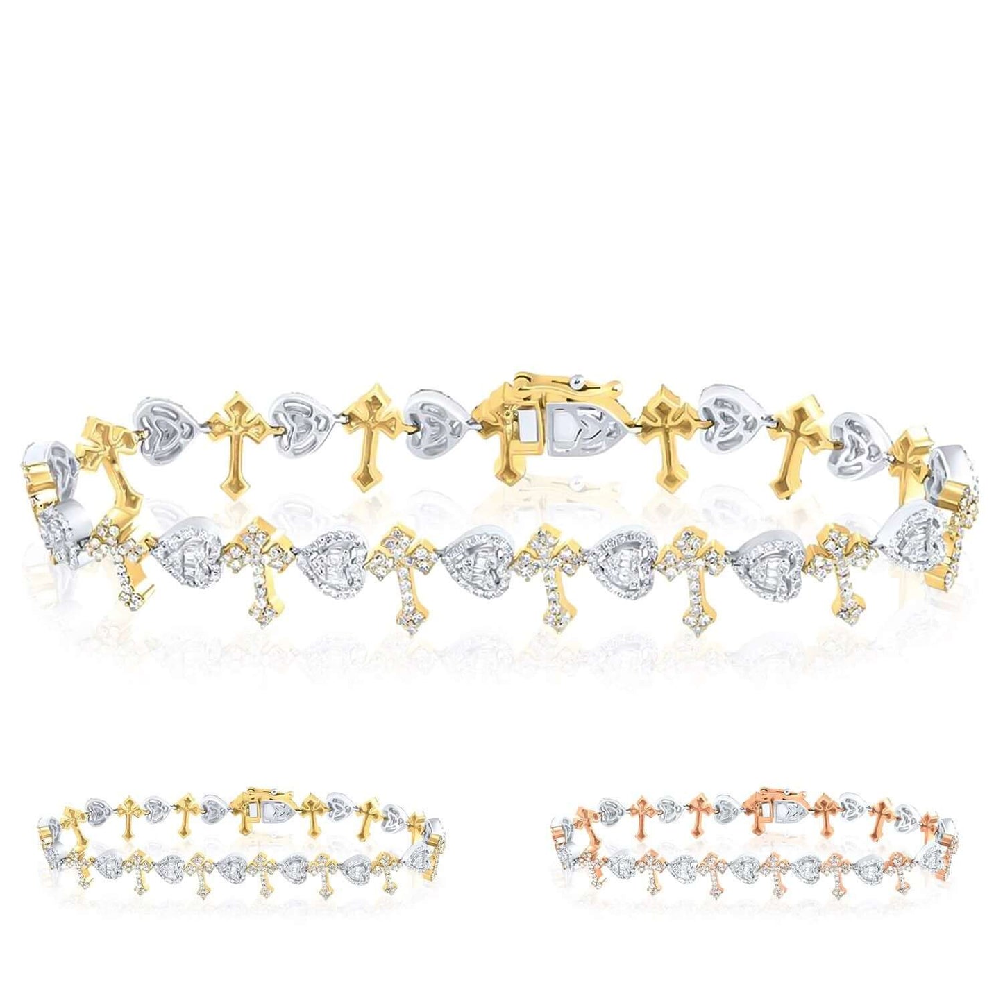 3.00CTW Real Diamond 10K Real Gold Yellow Rose Heart Cross Tennis Bracelet 8"
