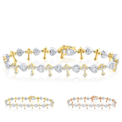 3.00CTW Real Diamond 10K Real Gold Yellow Rose Heart Cross Tennis Bracelet 8"