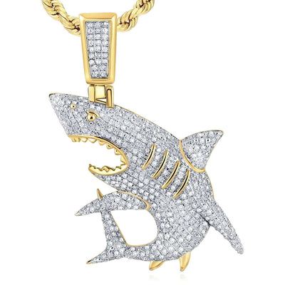 0.90CTW Natural Diamond 10K Gold Shark Pendant 1.8" - WJD Exclusives
