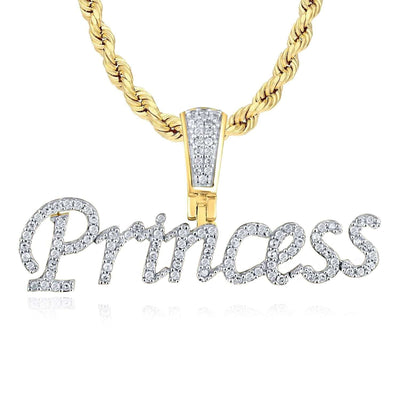 0.33CTW Natural Diamond 10K Gold Princess Script Pendant 0.6" - WJD Exclusives
