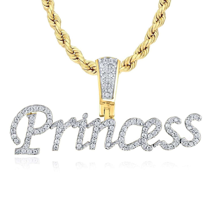 0.33CTW Natural Diamond 10K Gold Princess Script Pendant 0.6" - WJD Exclusives