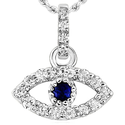 0.10CTW Natural Diamond 14K White Gold Blue Sapphire Evil Eye Pendant 0.2" - WJD Exclusives