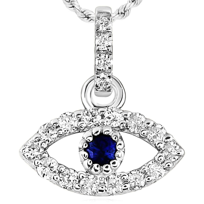 0.10CTW Natural Diamond 14K White Gold Blue Sapphire Evil Eye Pendant 0.2" - WJD Exclusives