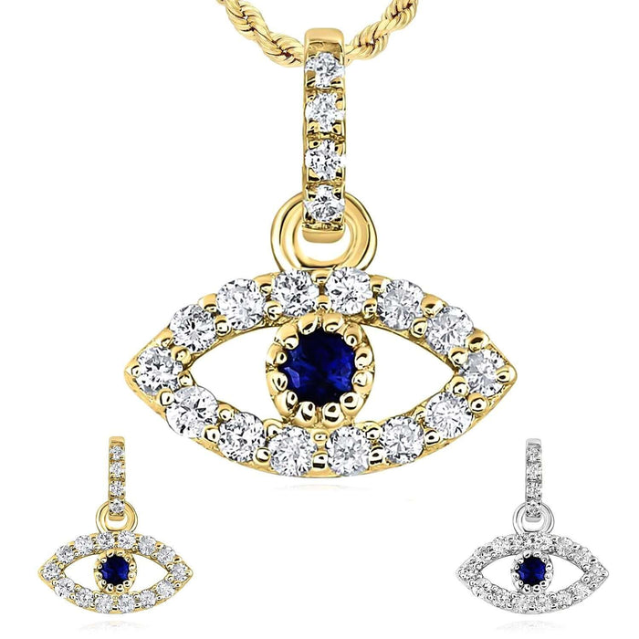 0.10CTW Natural Diamond 14K White Gold Blue Sapphire Evil Eye Pendant 0.2" - WJD Exclusives