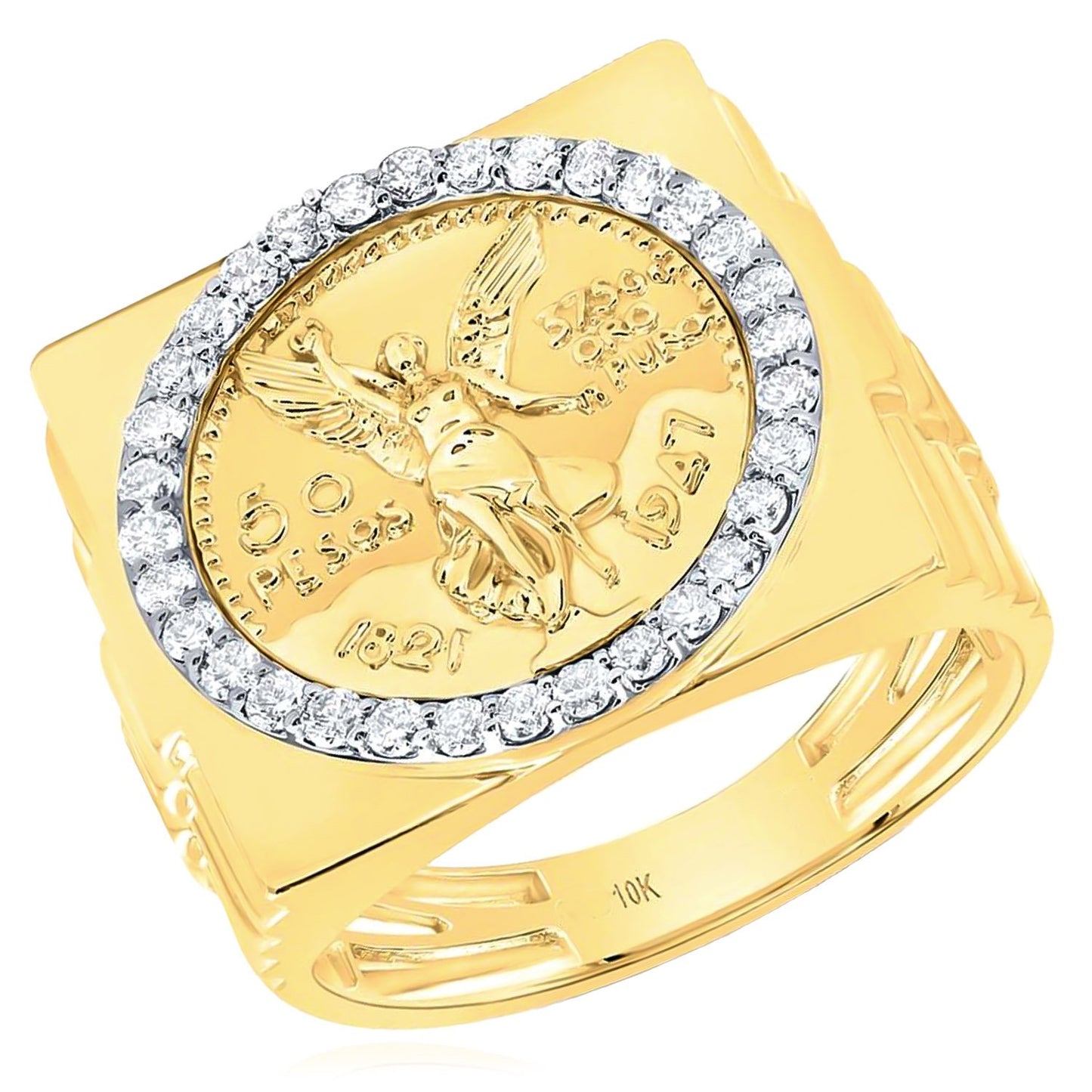 0.62CTW Real Diamond 10K Real Gold Centenario 50 Peso Coin Signet Ring