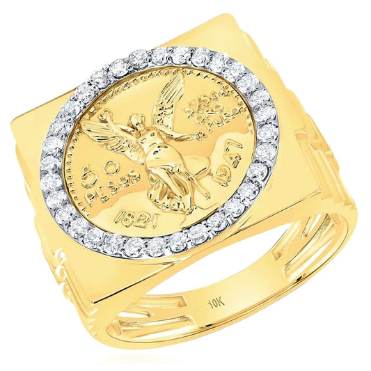0.62CTW Real Diamond 10K Real Gold Centenario 50 Peso Coin Signet Ring