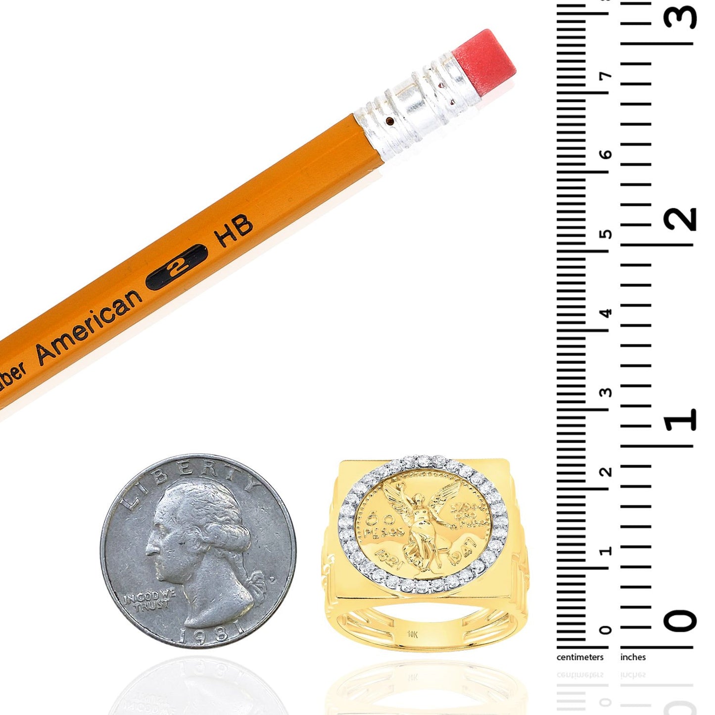 0.62CTW Real Diamond 10K Real Gold Centenario 50 Peso Coin Signet Ring
