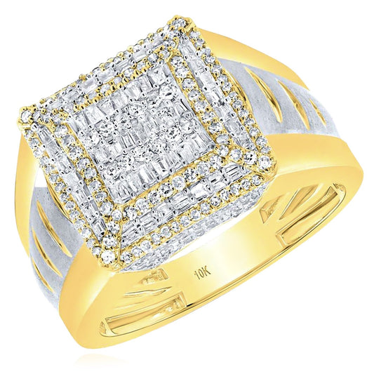 0.87CTW Real Diamond 10K Real Gold Two-Tone Baguette Cluster Signet Ring