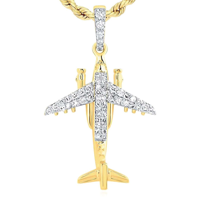 0.33CTW Natural Diamond 10K Gold Airplane Pendant 1.4" - WJD Exclusives