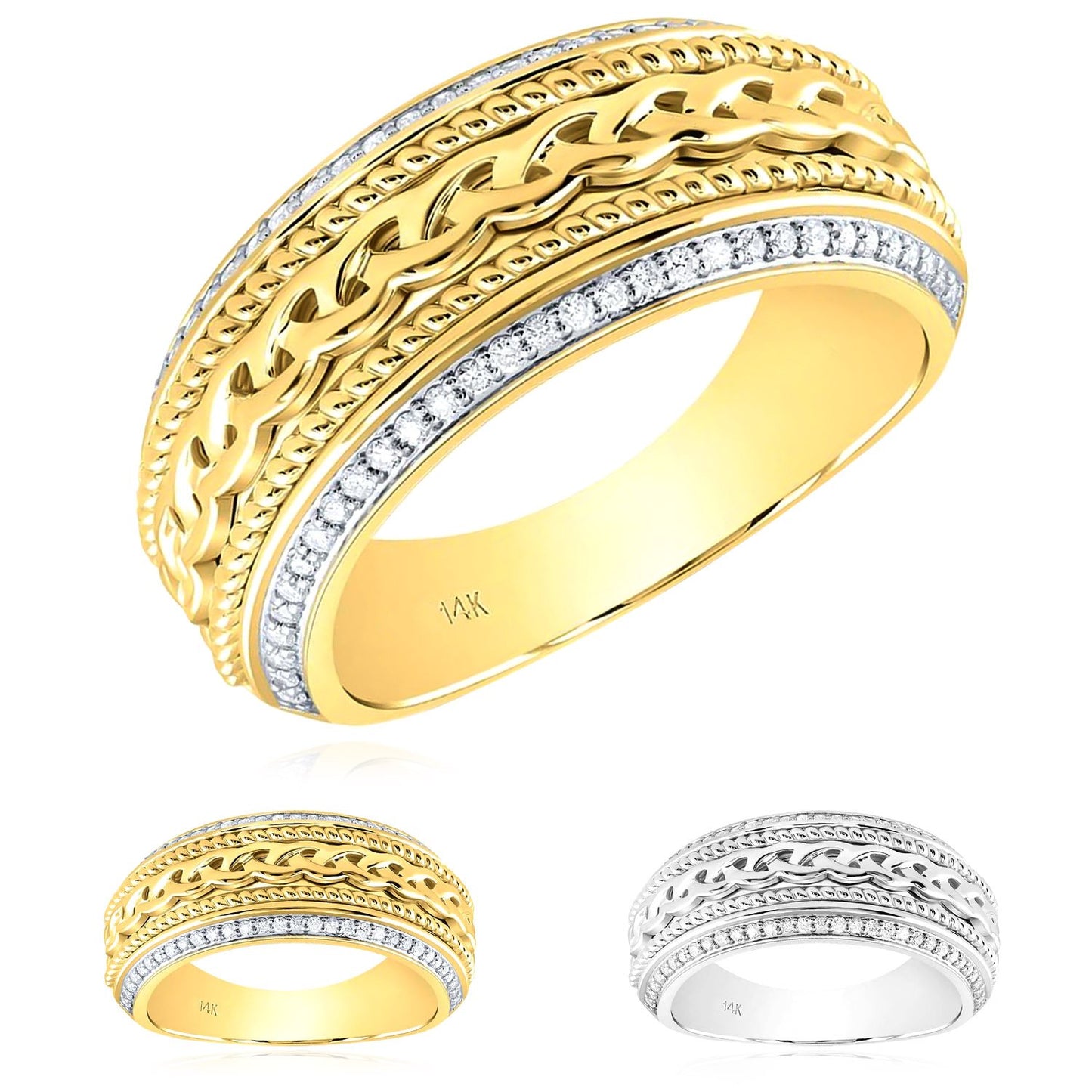 0.33CTW Real Diamond 14K Real Gold Yellow or White Braided Band Ring