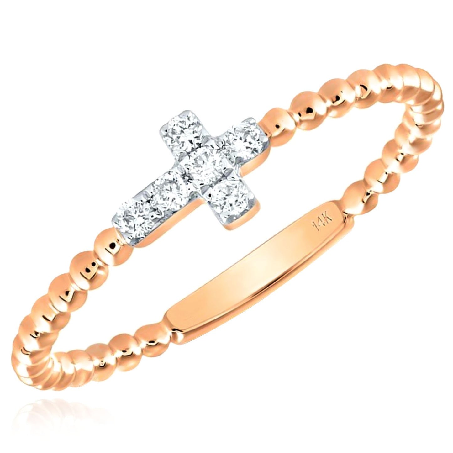 0.10CTW Real Diamond 14K Real Gold Beaded Cross Cocktail Ring