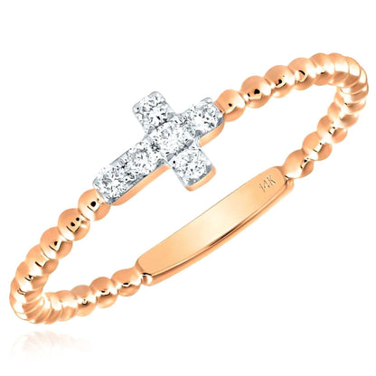 0.10CTW Real Diamond 14K Real Gold Beaded Cross Cocktail Ring