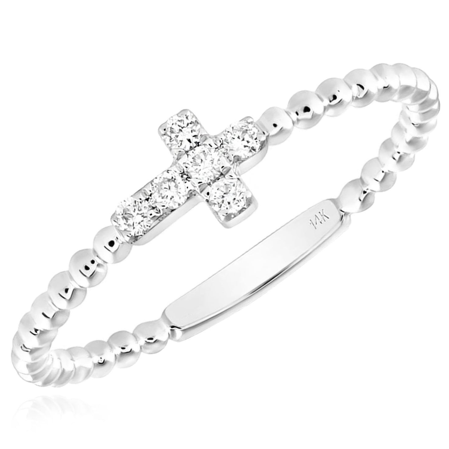 0.10CTW Real Diamond 14K Real Gold Beaded Cross Cocktail Ring