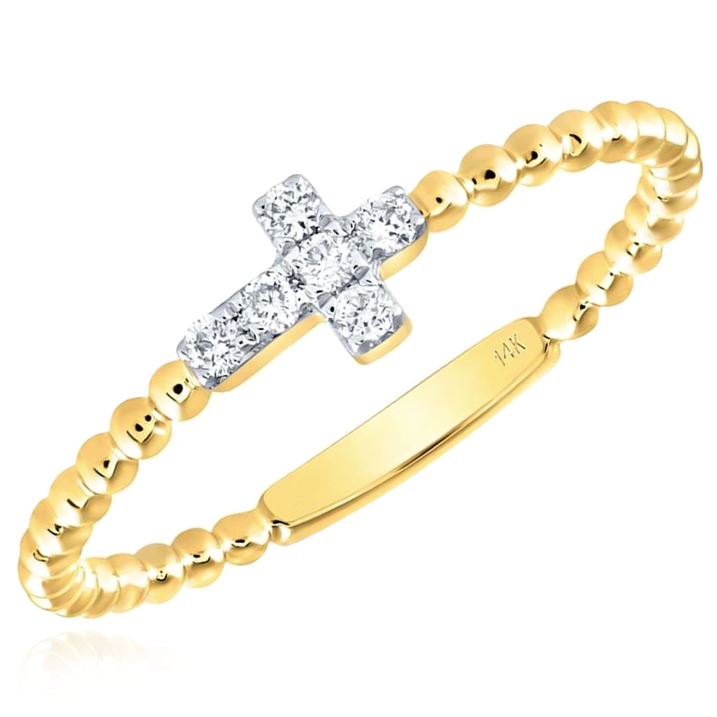 0.10CTW Real Diamond 14K Real Gold Beaded Cross Cocktail Ring
