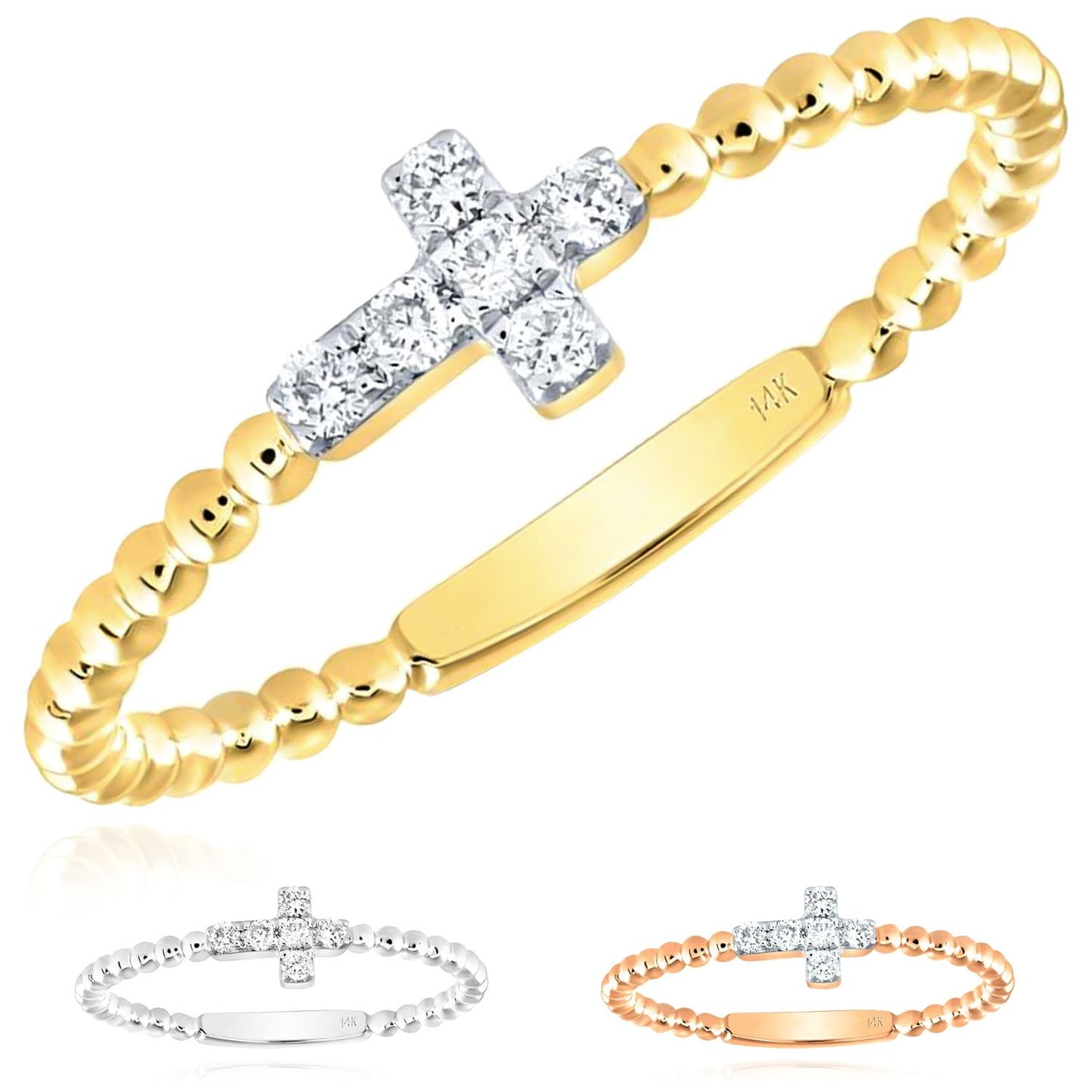 0.10CTW Real Diamond 14K Real Gold Beaded Cross Cocktail Ring