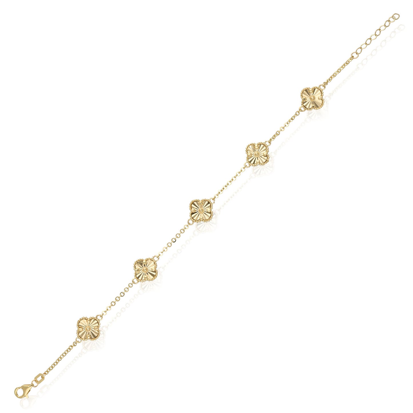 14K Yellow Gold Diamond-Cut Clover Adjustable Bracelet 7"–8"