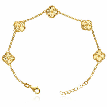 14K Yellow White Rose Gold Diamond-Cut Clover Adjustable Bracelet 7"–8"
