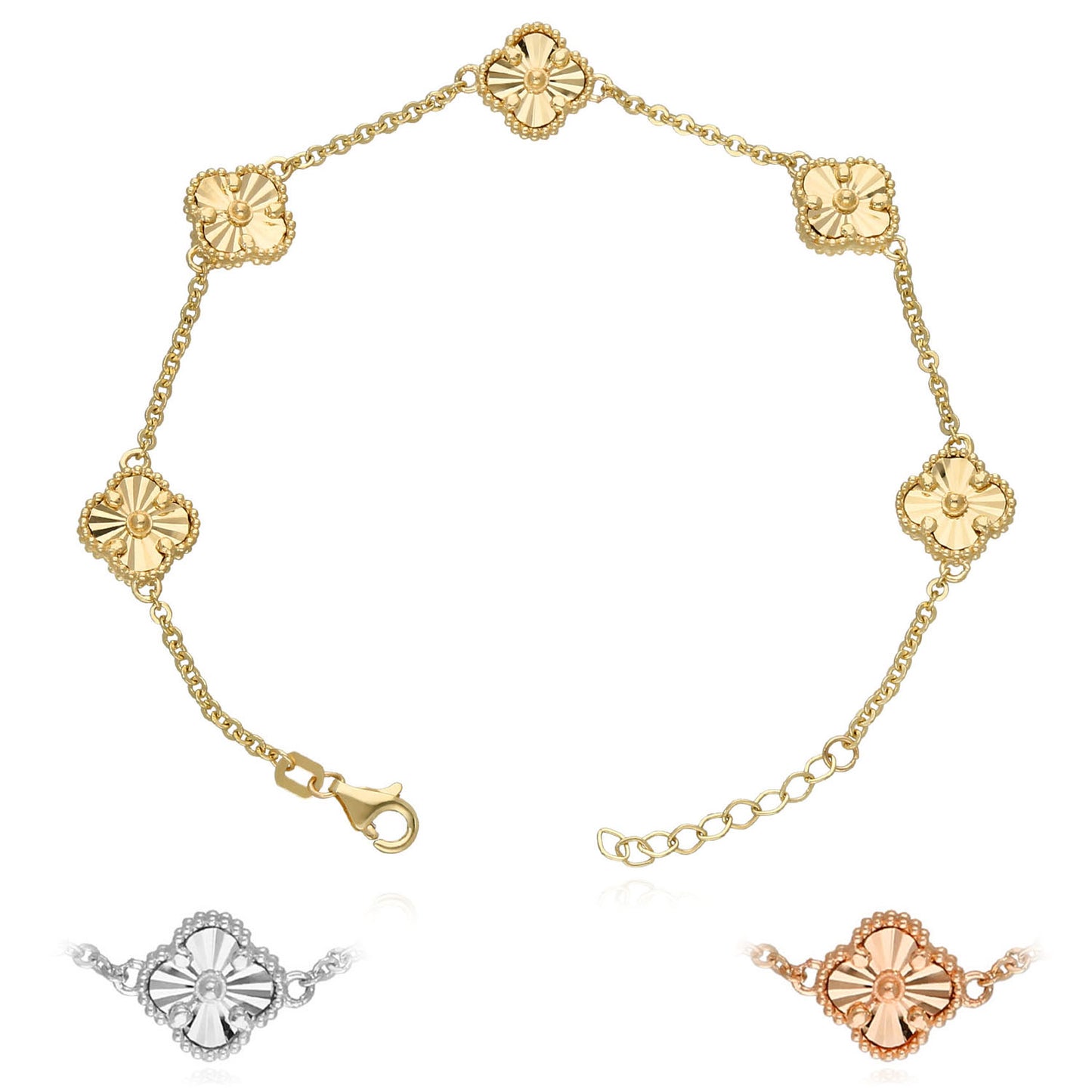 14K Yellow White Rose Gold Diamond-Cut Clover Adjustable Bracelet 7"–8"