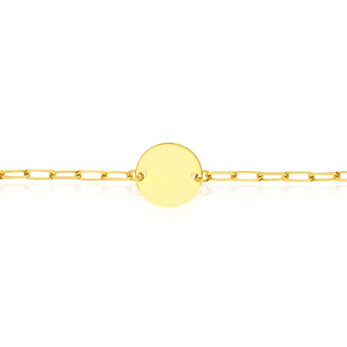 Kids Engravable 14K Yellow Gold Paperclip Disc Personalized ID Bracelet (Solid Links) 6" - WJD Exclusives