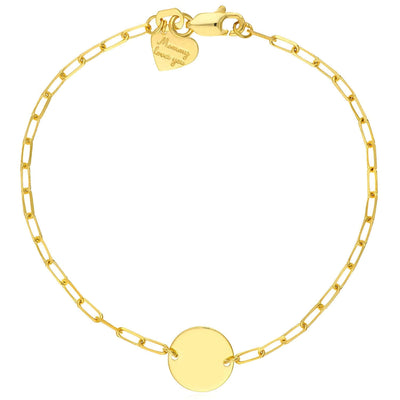 Kids Engravable 14K Yellow Gold Paperclip Disc Personalized ID Bracelet (Solid Links) 6" - WJD Exclusives
