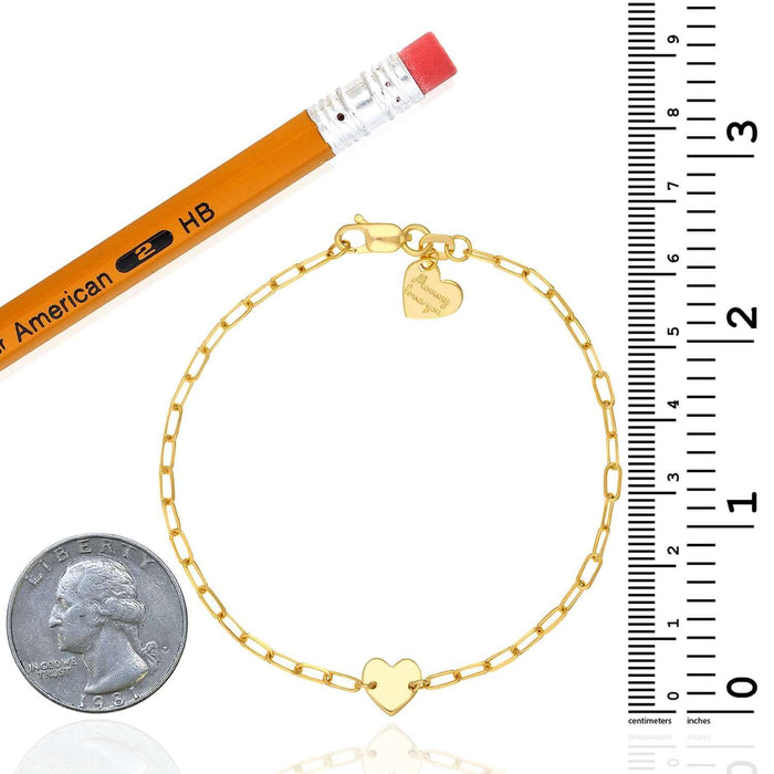 Kids Engravable 14K Yellow Gold Paperclip Heart Personalized ID Bracelet (Solid Links) 6" - WJD Exclusives
