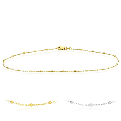 14K Yellow or White Gold Faceted Beaded Saturn Anklet (Solid Links) 10" - WJD Exclusives