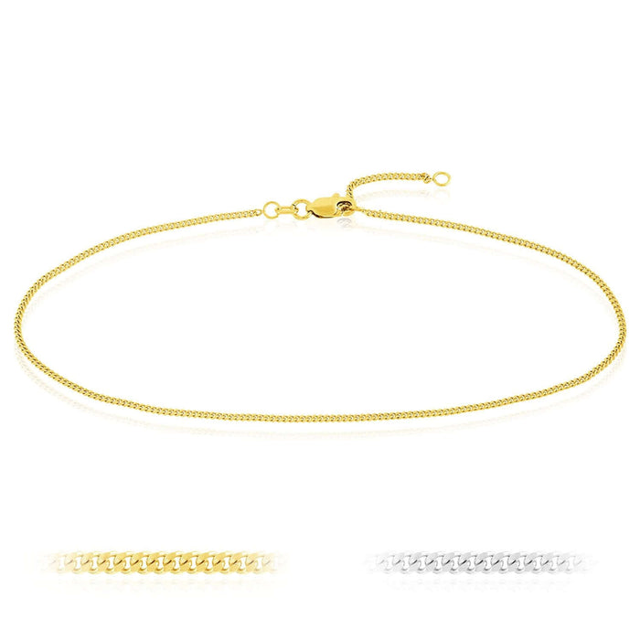 14K Yellow or White Gold Curb Anklet (Solid Links) 9" - 10" Adjustable - WJD Exclusives