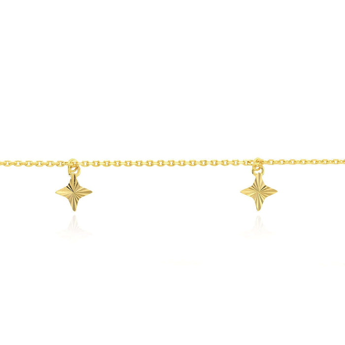 14K Yellow Gold Cable Fluted North Star Charm Anklet (Solid Links) 9" - 10" Adjustable - WJD Exclusives