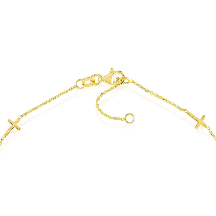 14K Yellow Gold Cable Mini Cross Station Anklet (Solid Links) 9" - 10" Adjustable - WJD Exclusives
