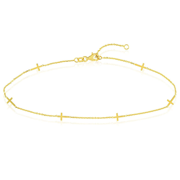 14K Yellow Gold Cable Mini Cross Station Anklet (Solid Links) 9" - 10" Adjustable - WJD Exclusives