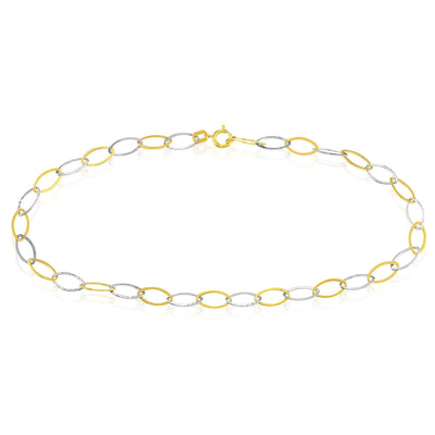 14K Yellow White Gold Oval Cable Stamping Anklet (Solid Links) 10" - WJD Exclusives