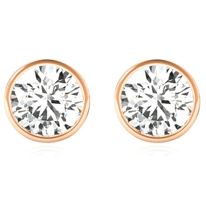 Lab-Grown Diamond 14K Real Gold Rose Round-Cut Bezel Set Push Back Stud Earrings