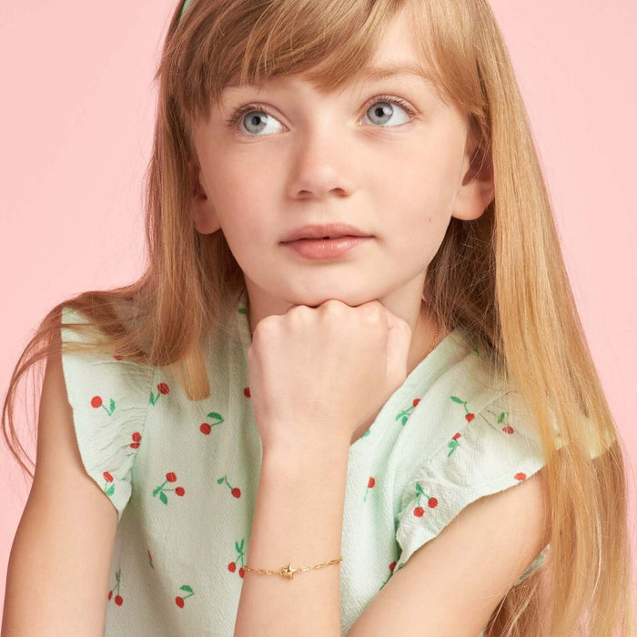 Kids 14K Yellow Gold Star Mommy loves you Heart Charm Paperclip Bracelet (Solid Links) 6" - WJD Exclusives