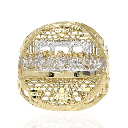 Solid 10K Real Gold Two-Tone Religious Jesus Last Supper Mens Ring Size 8-12