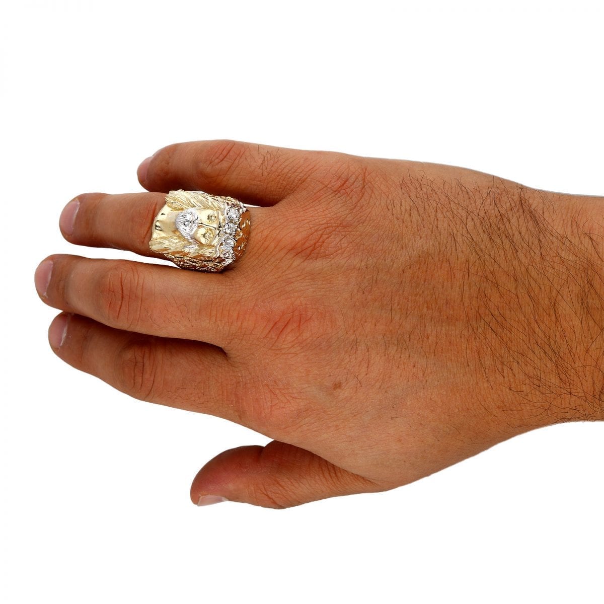 Solid 10K Gold Yellow CZ Jesus Head Mens Ring