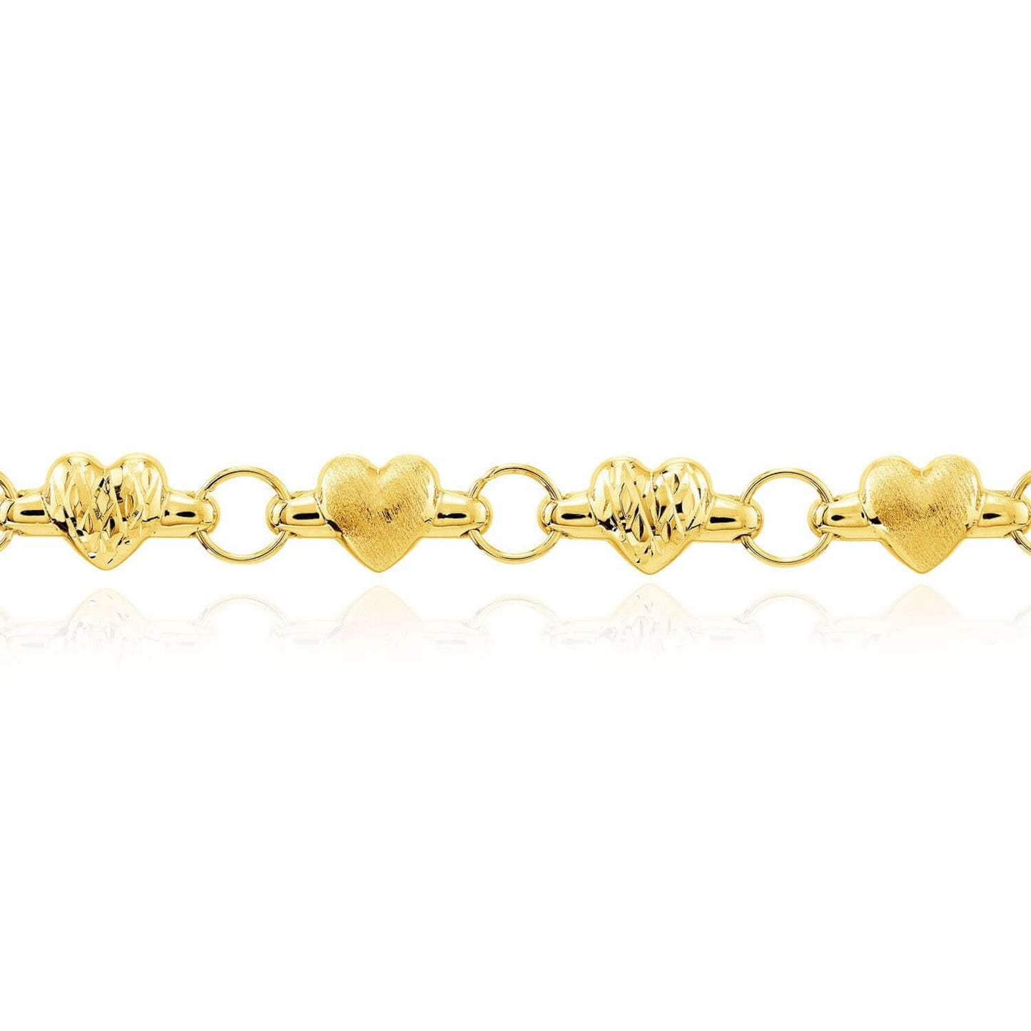 Solid 14K Real Gold Diamond-Cut Satin Heart Stampato Bracelet 7.25"