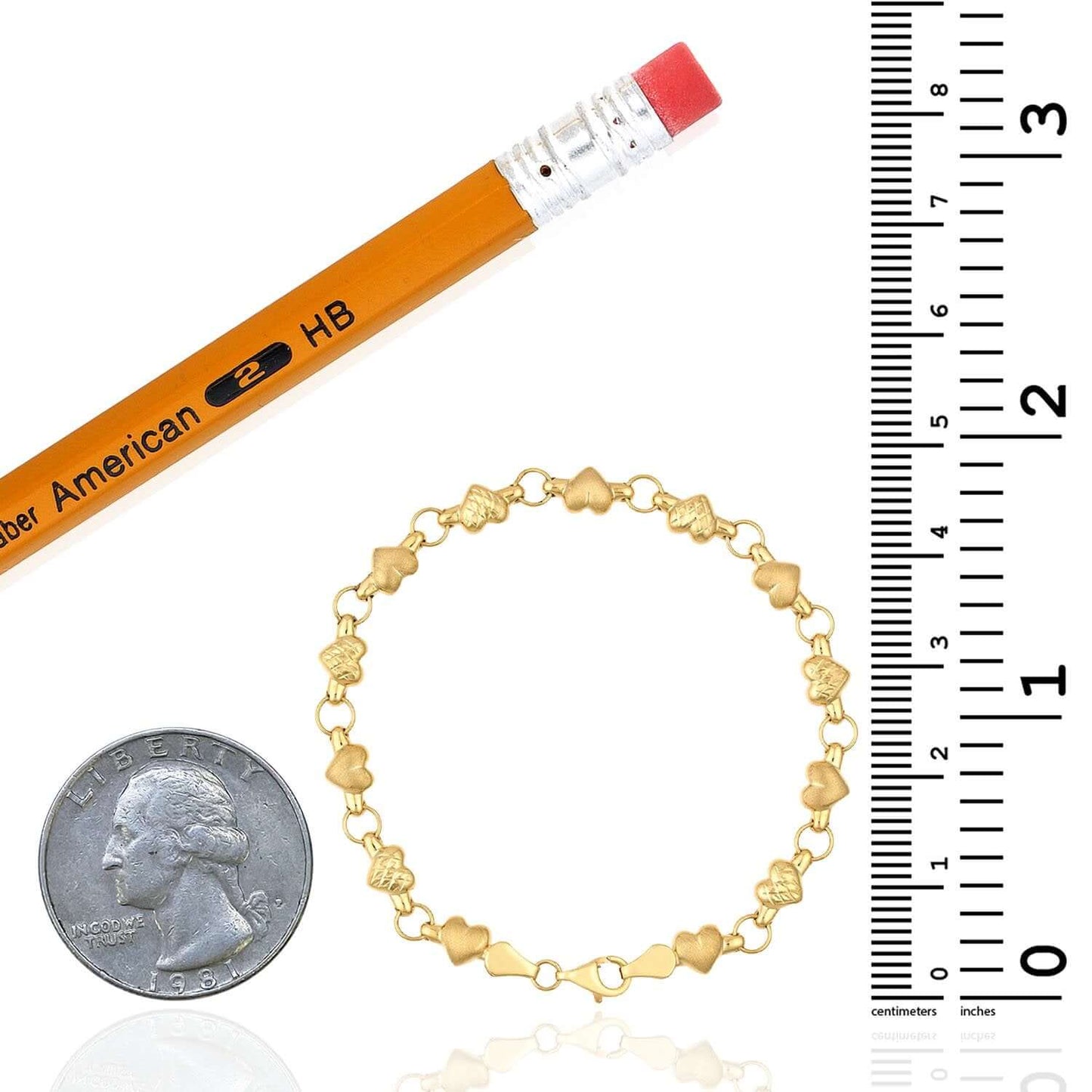 Solid 14K Real Gold Diamond-Cut Satin Heart Stampato Bracelet 7.25"
