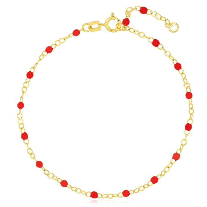 14K Yellow Gold Red, White, Cobalt Enamel Bead Bracelet (Solid Links) 6.5" - 7.5" Adjustable - WJD Exclusives