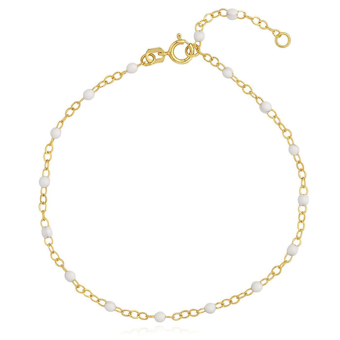 14K Yellow Gold Red, White, Cobalt Enamel Bead Bracelet (Solid Links) 6.5" - 7.5" Adjustable - WJD Exclusives