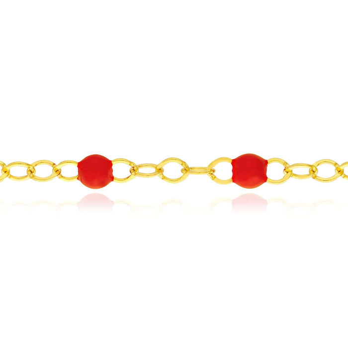 14K Yellow Gold Red, White, Cobalt Enamel Bead Ankle Bracelet (Solid Links) 9" - 10" Adjustable - WJD Exclusives