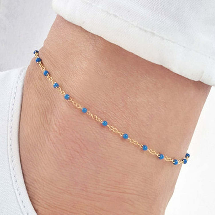14K Yellow Gold Red, White, Cobalt Enamel Bead Ankle Bracelet (Solid Links) 9" - 10" Adjustable - WJD Exclusives
