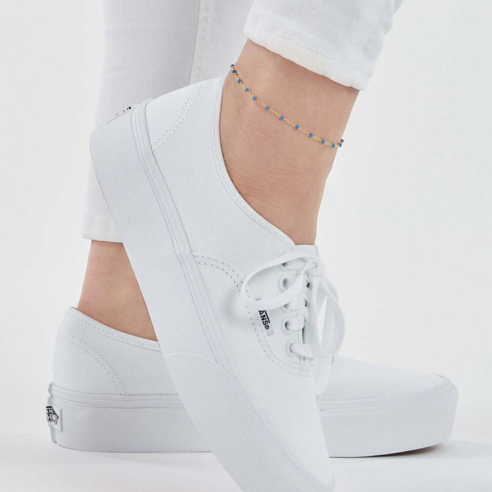 14K Yellow Gold Red, White, Cobalt Enamel Bead Ankle Bracelet (Solid Links) 9" - 10" Adjustable - WJD Exclusives