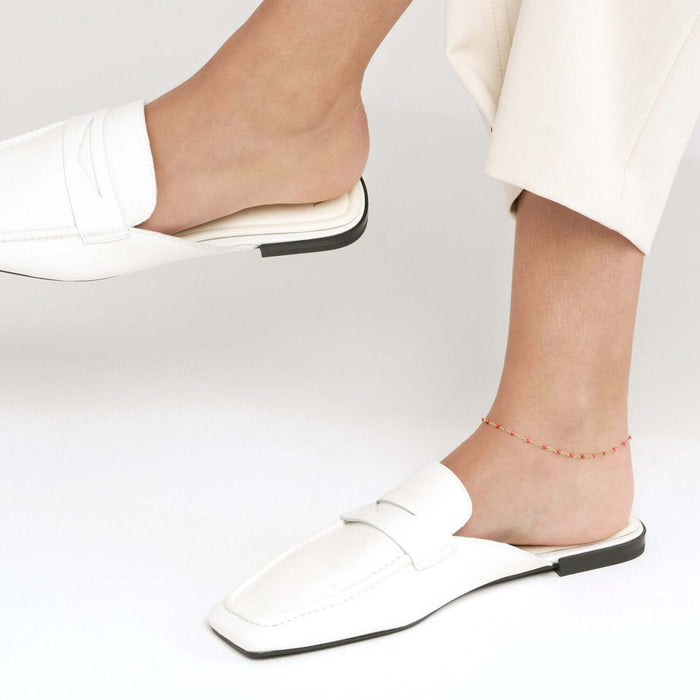 14K Yellow Gold Red, White, Cobalt Enamel Bead Ankle Bracelet (Solid Links) 9" - 10" Adjustable - WJD Exclusives