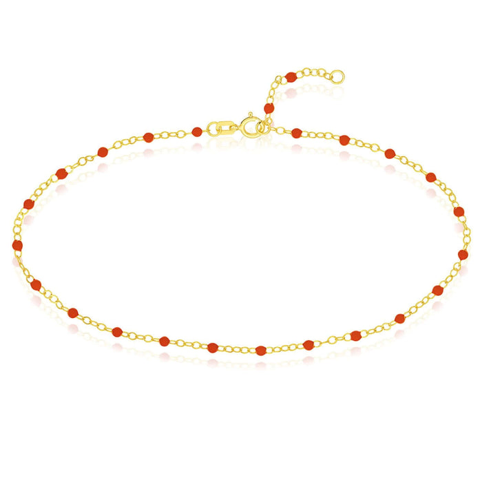 14K Yellow Gold Red, White, Cobalt Enamel Bead Ankle Bracelet (Solid Links) 9" - 10" Adjustable - WJD Exclusives